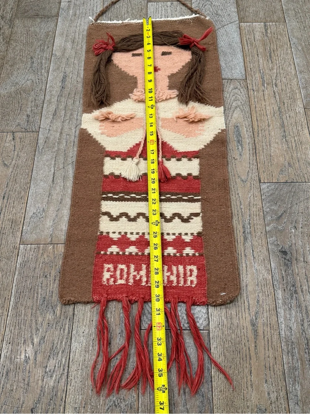 Vintage Romanian Folk Art Woven Wool Wall Hanging Tapestry MCM Kilim Girl 70s